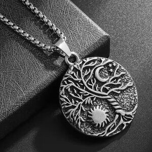 Boho Stainless Steel Tree of Life Pendant Necklace - Sun & Moon Design #1525